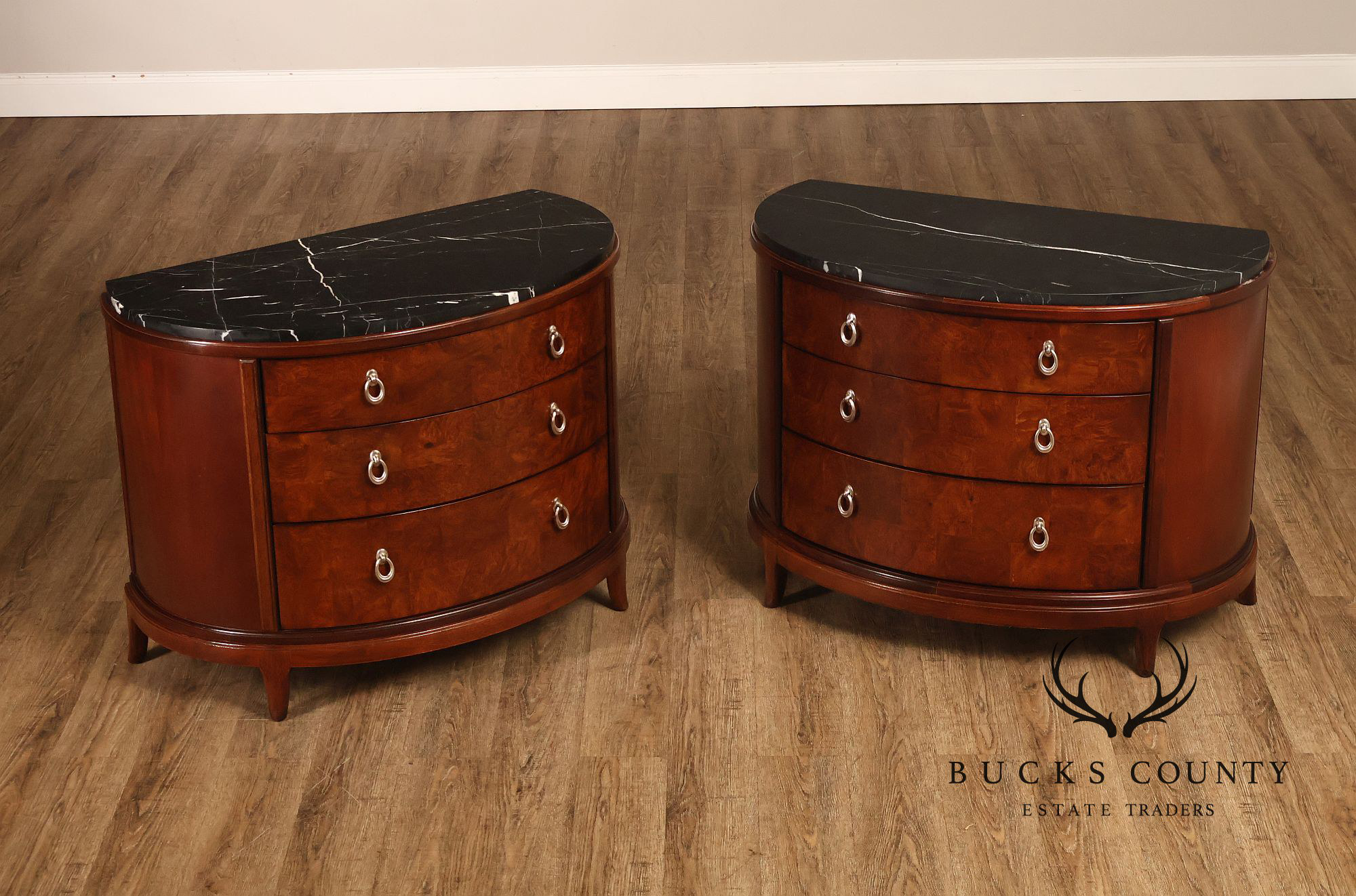 Thomasville Bogart Collection Pair of Marble Top Burlwood Commodes