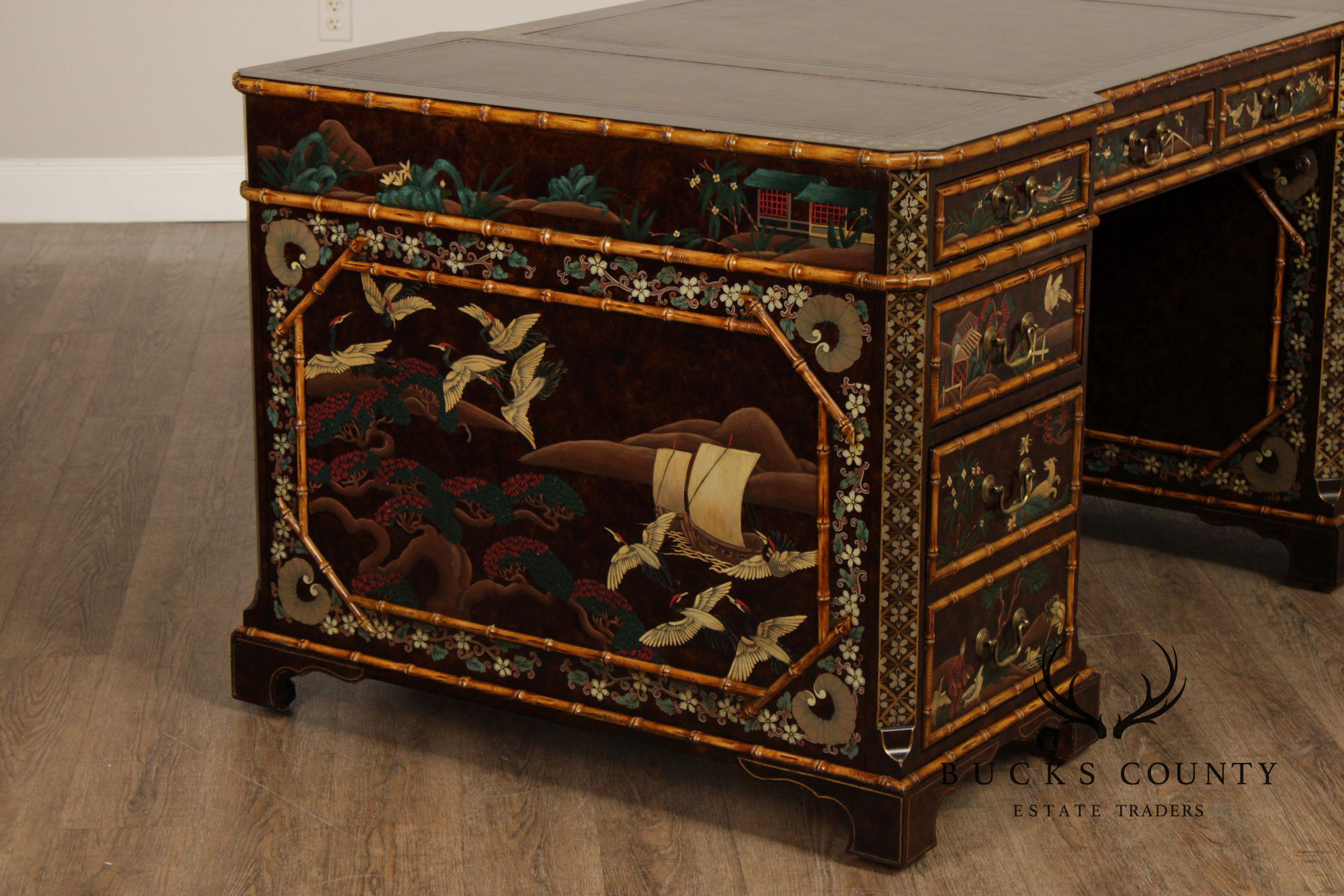 John Widdicomb Chinoiserie Leather Top Executive Partner's Desk
