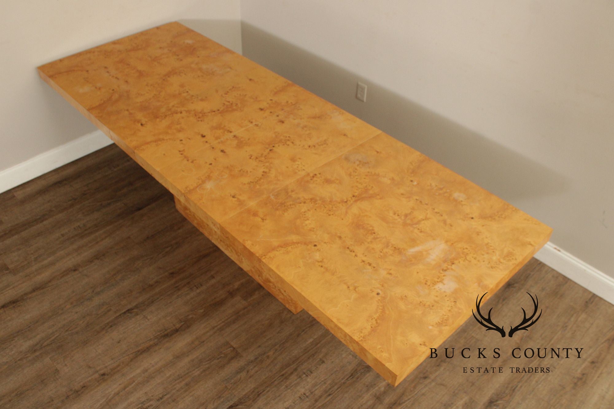 Milo Baughman Style Burlwood Extension Dining Table with 2 Leaves