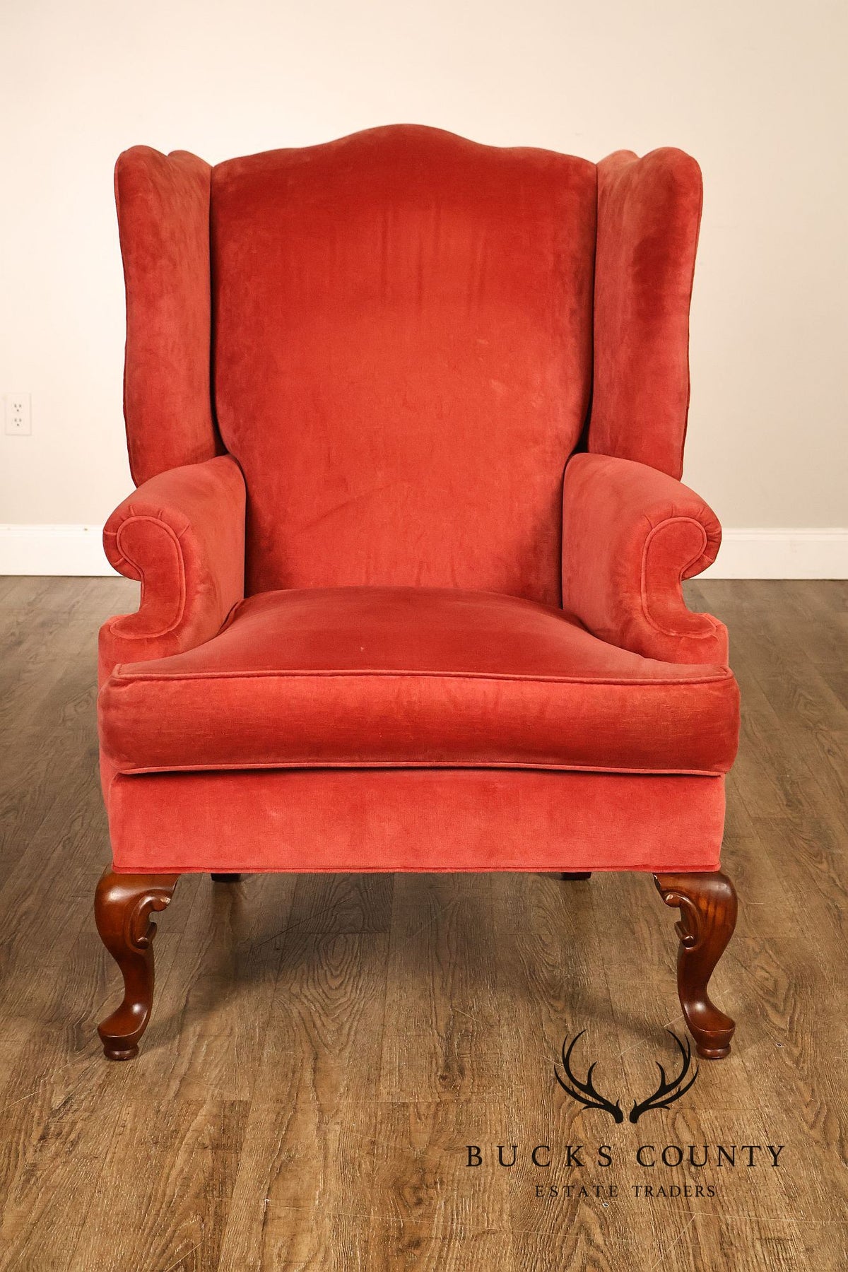 Thomasville Pair Of Traditional Coral Velvet Wingback Chairs