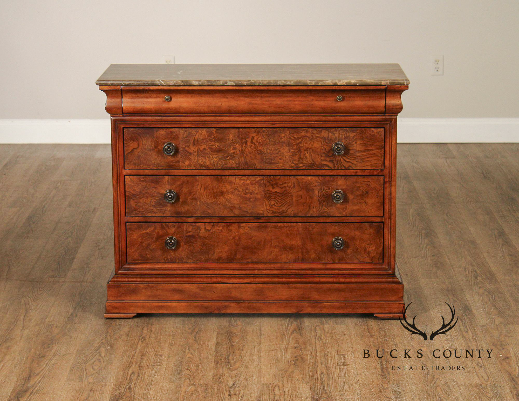 Ethan Allen Louis Philippe Style Pair of 'Fisher' Marble Top Chests