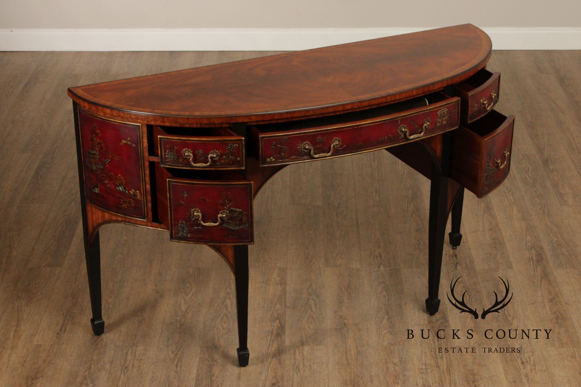 MAITLAND SMITH CHINOISERIE DECORATED DEMILUNE SIDEBOARD