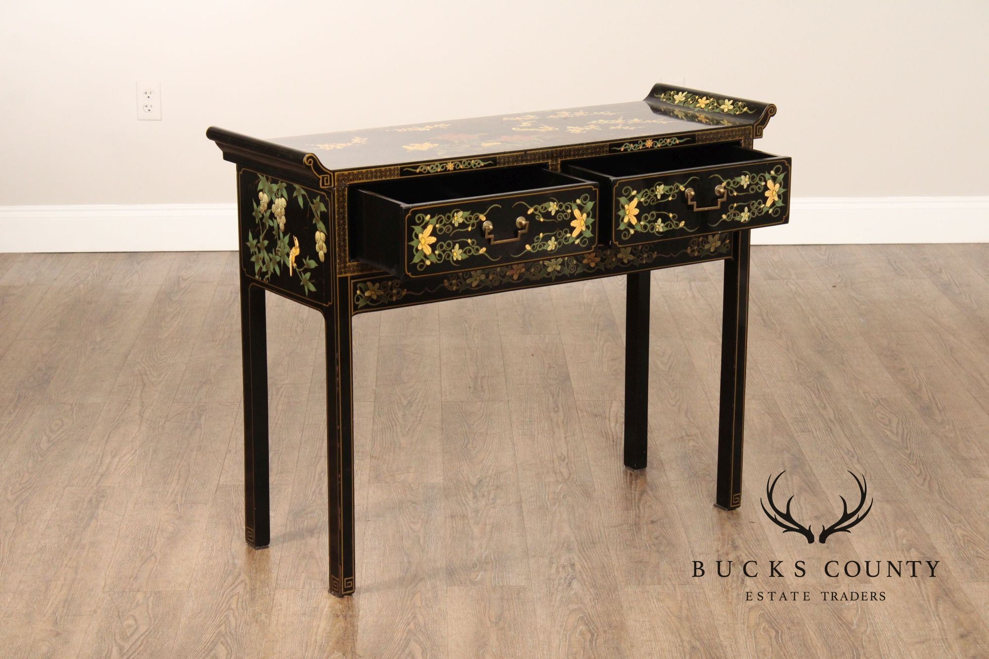 Chinoiserie Painted Vintage Black Lacquer Console Table