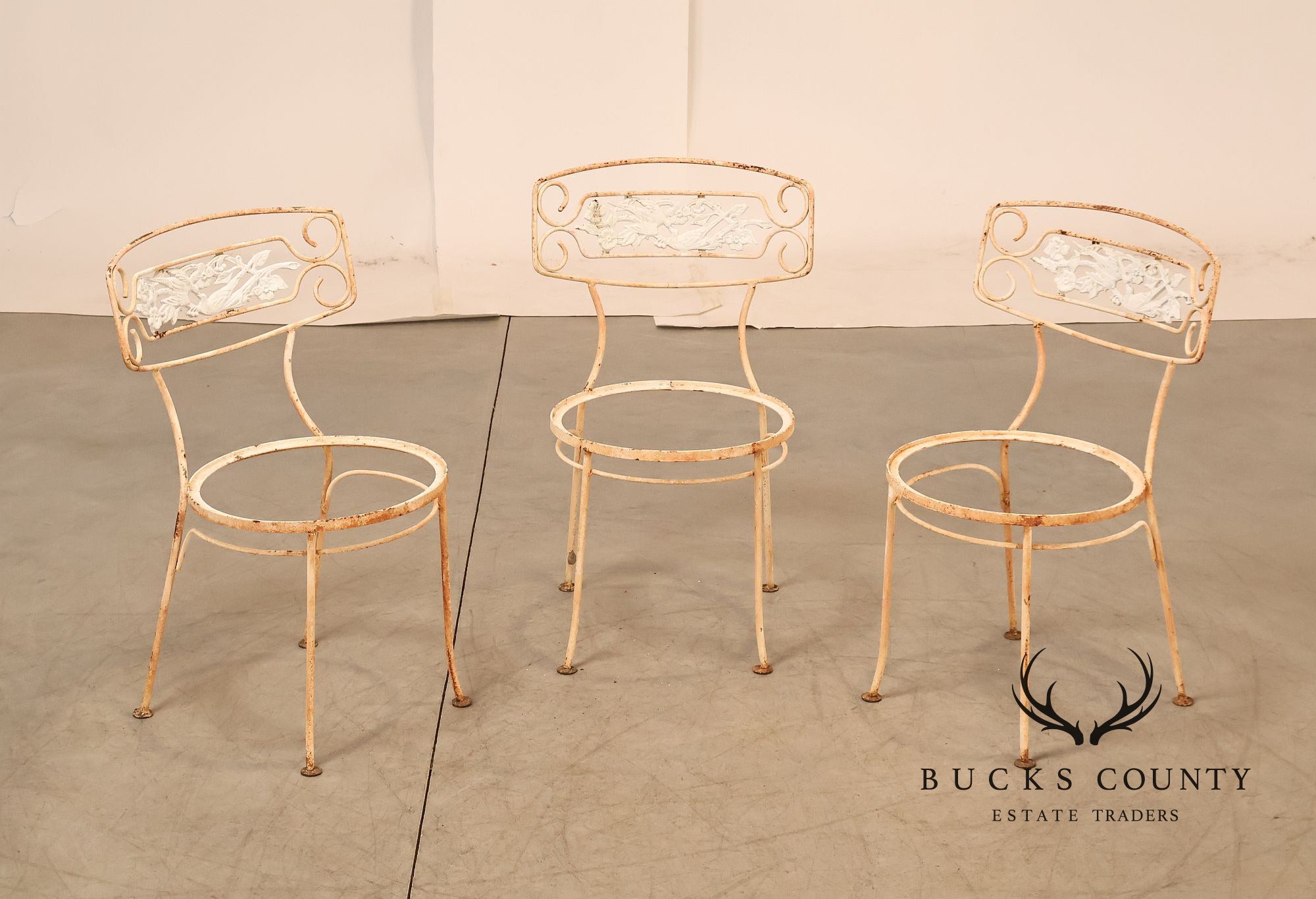 Painted Wrought Iron Set Of Three Garden Chairs With Decorative Backs