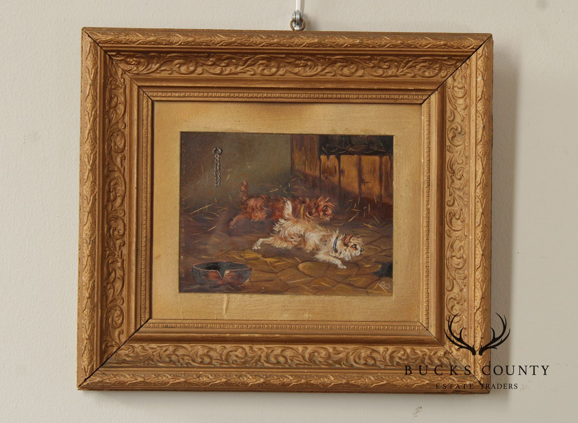 Antique English School Oil Painting, Dogs in Barn