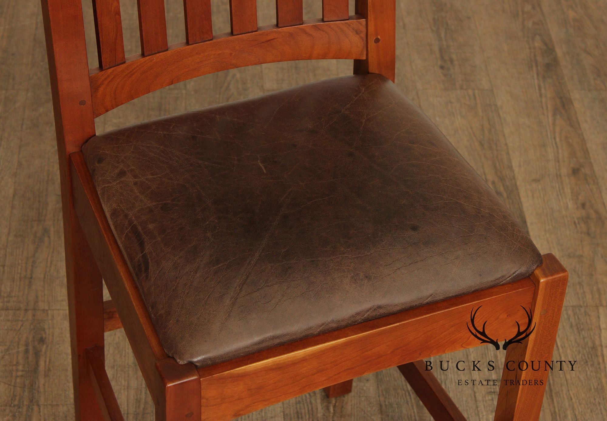 Stickley Mission Collection Pair of Cherry and Leather Slat Back Stools