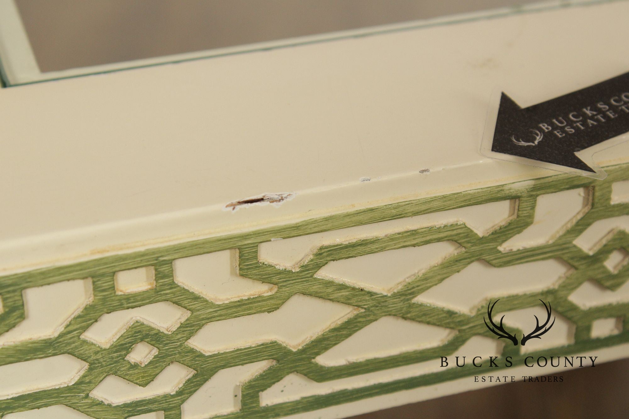 Hollywood Regency Pair Of Lacquered Greek Key Glass Top End Tables