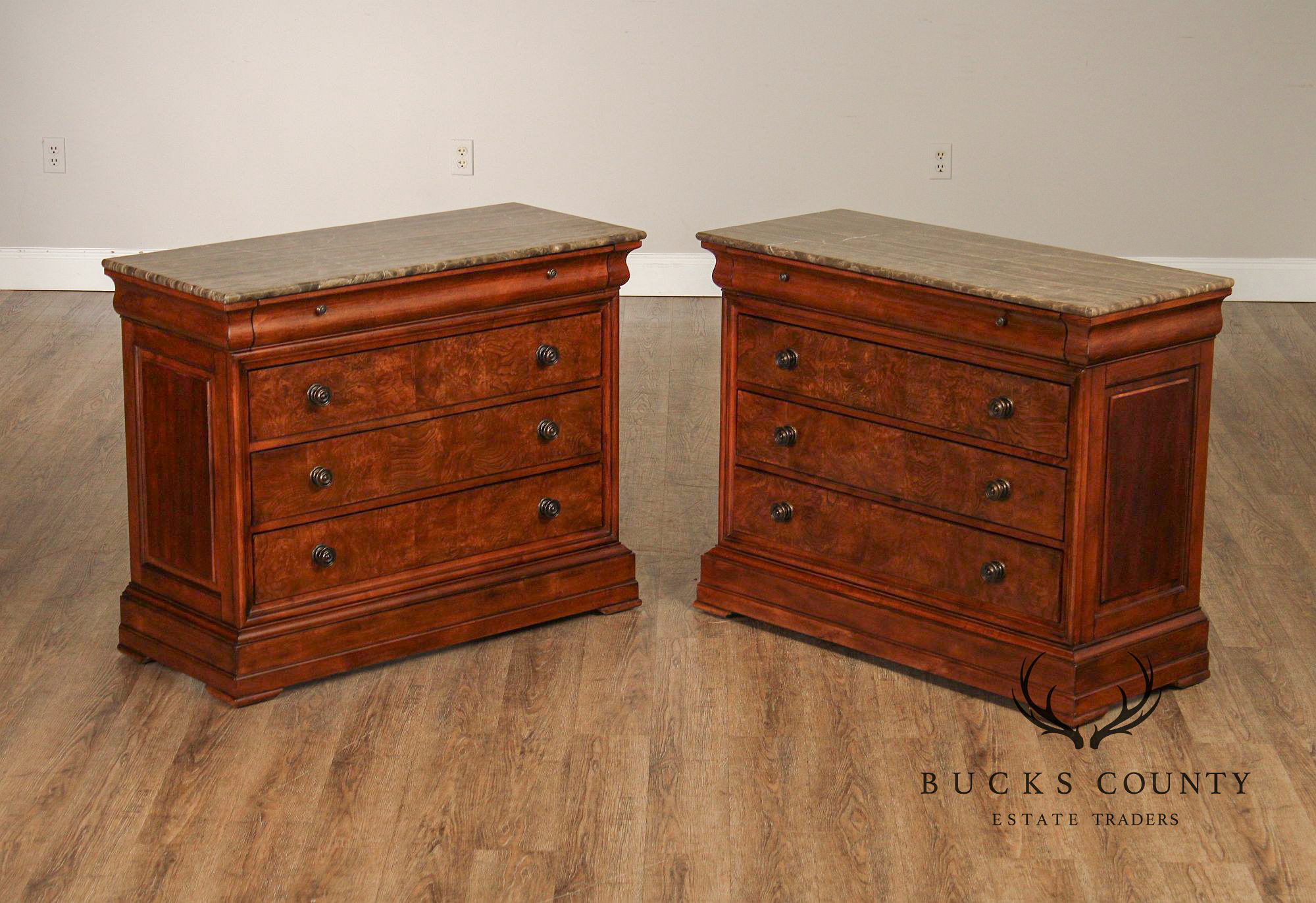 Ethan Allen Louis Philippe Style Pair of 'Fisher' Marble Top Chests