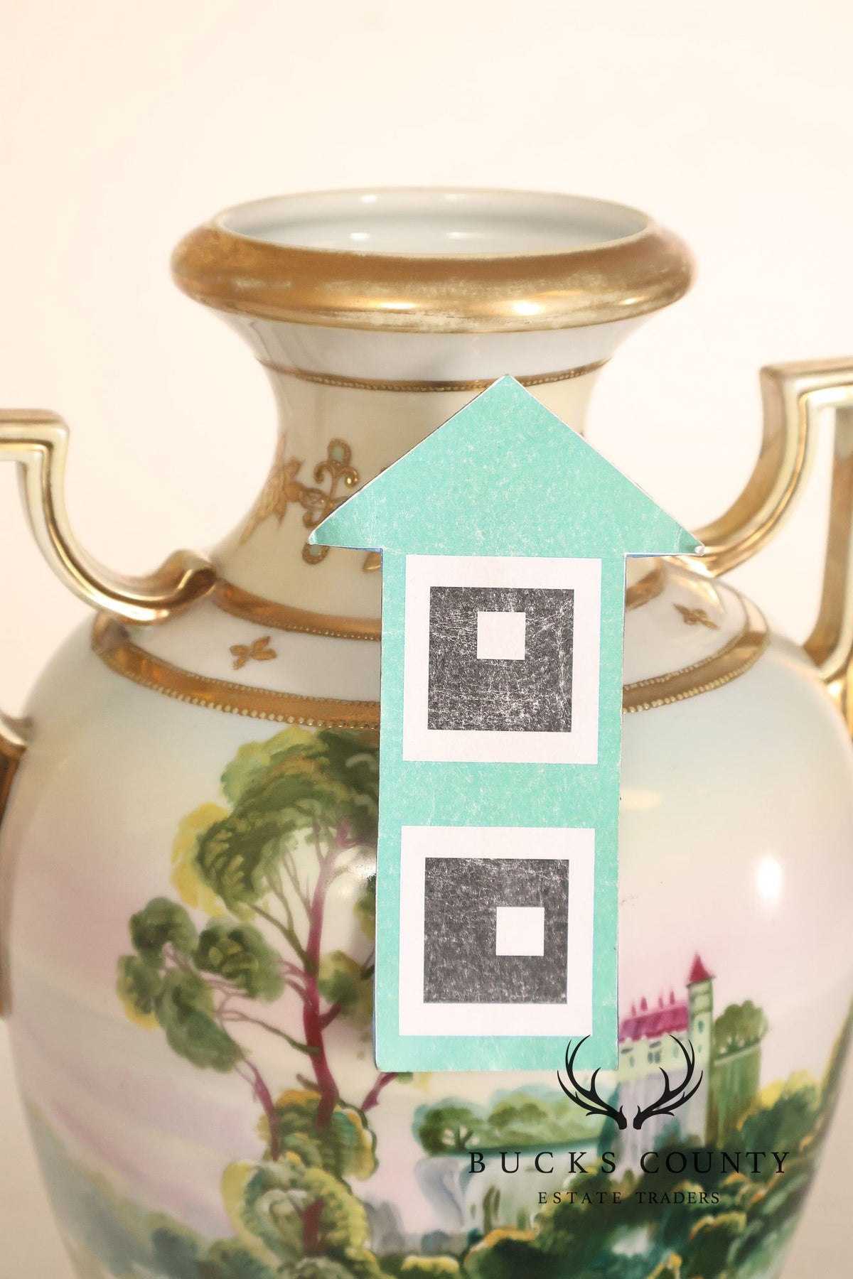 Antique Hand Painted Nippon Porcelain Twin Handle Landscape Urn With Gilt Decoration