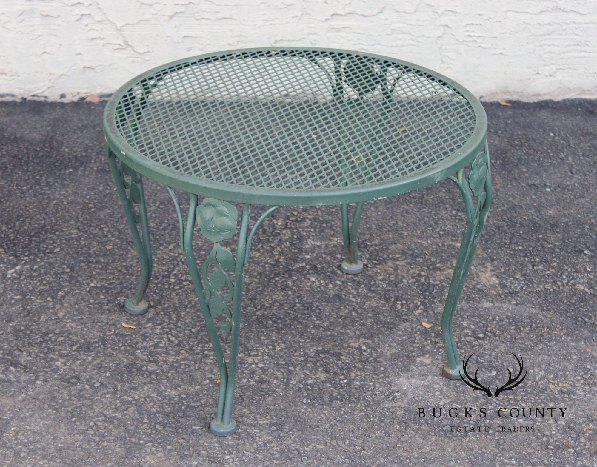 Wrought Iron Outdoor Round Mesh Top Patio Table With Floral Motif