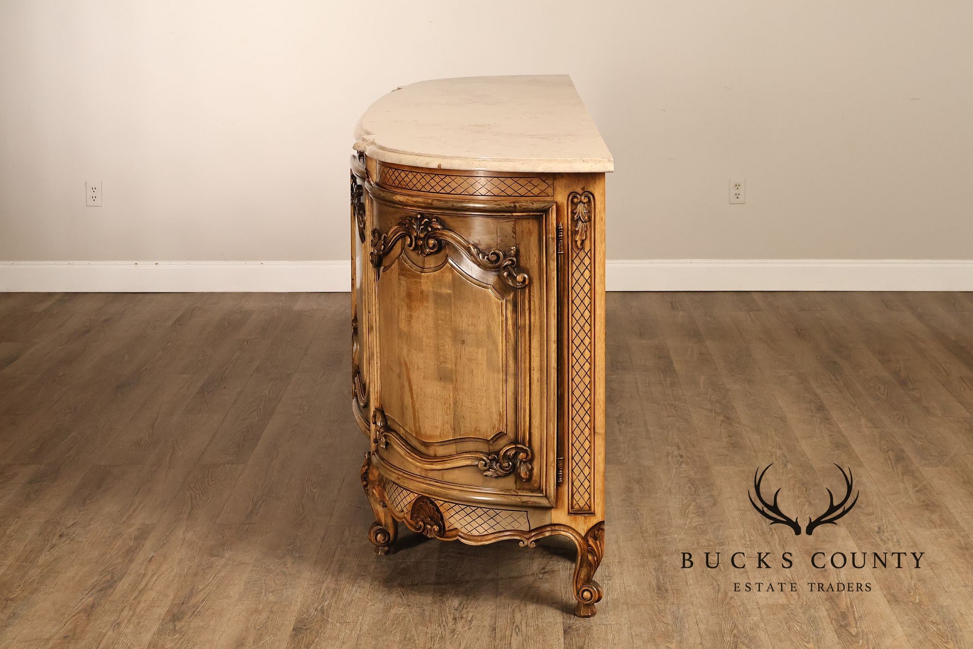 French Louis XV Style 106" Long Marble Top Walnut Sideboard