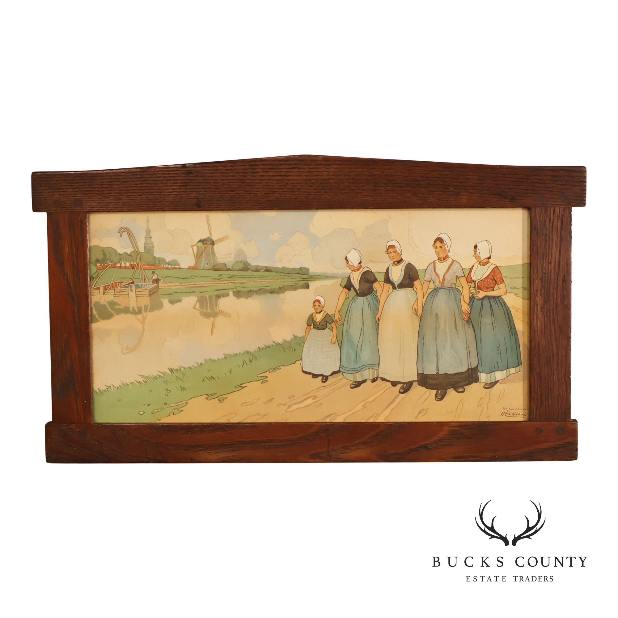 Henri Cassiers Dutch Village Scene Print in Arts & Crafts Oak Frame