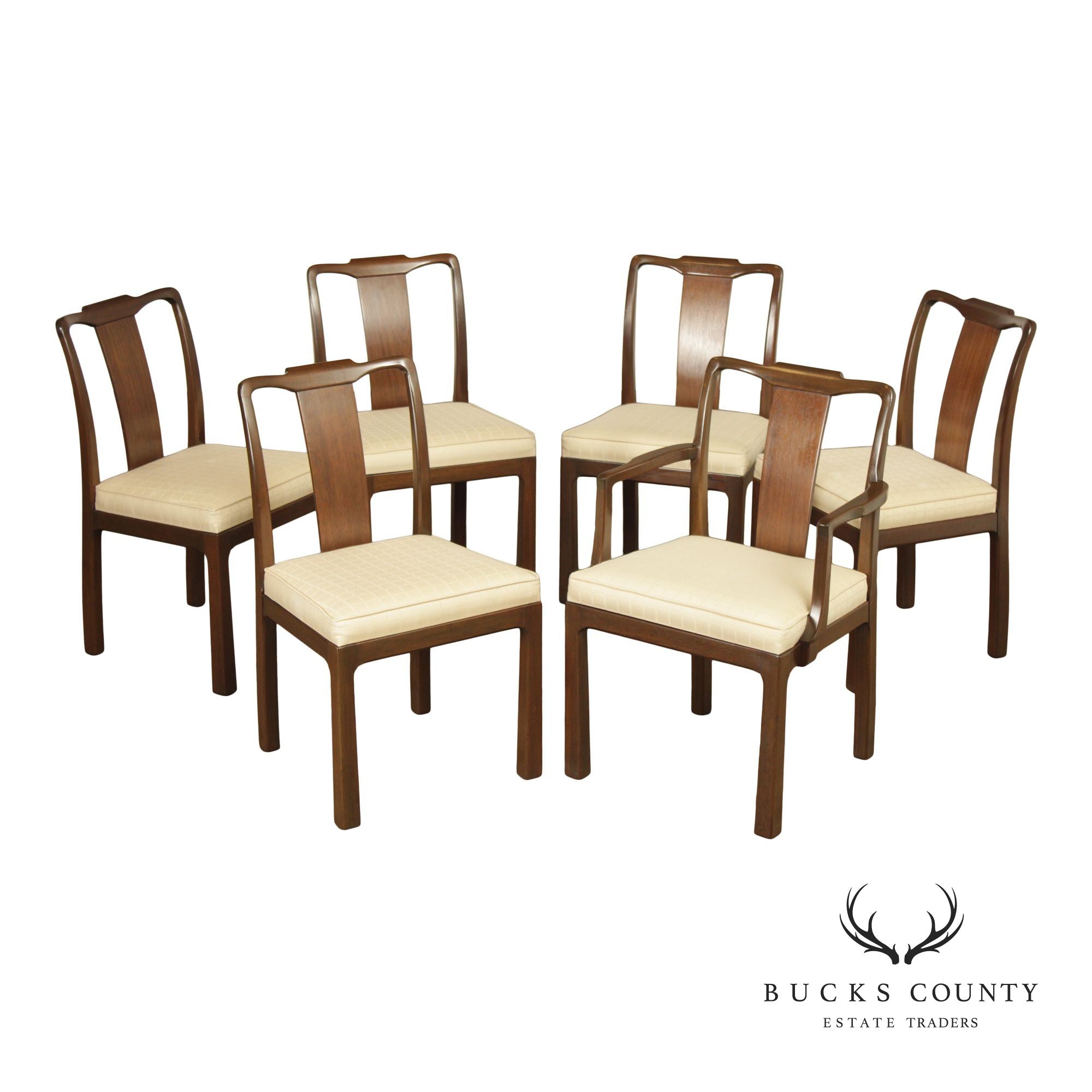 Mid Century Asian Influenced Set of Six Mahogany Dining Chairs