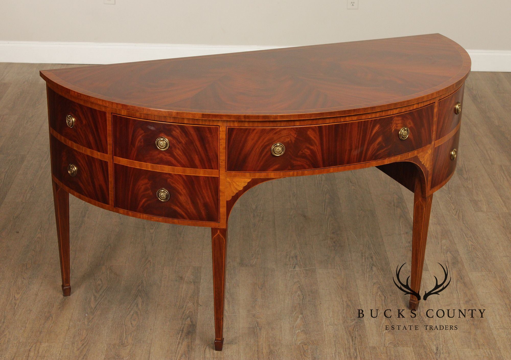 Maitland Smith Hepplewhite Style Deep Mahogany Inlaid Demilune Sideboard