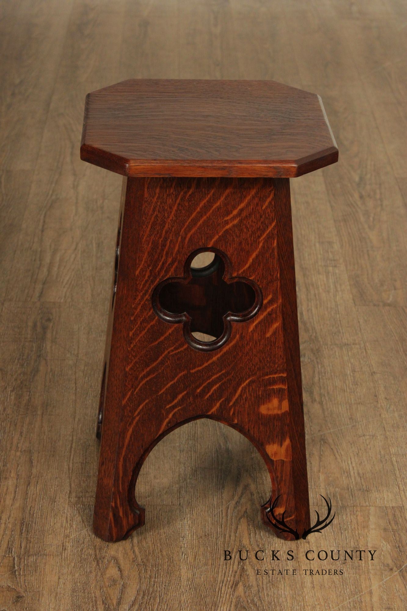 Arts and Crafts Antique Pair of Oak Cut-Out Taboret Side Tables