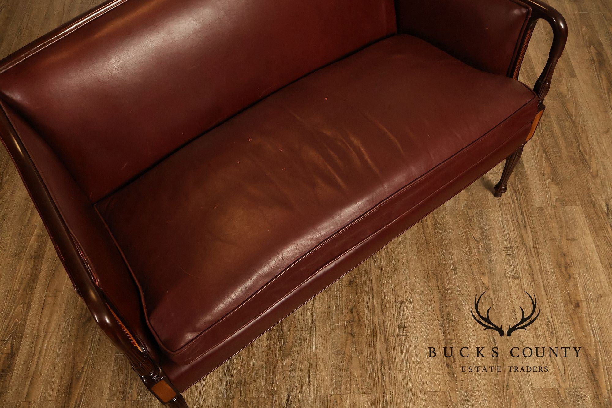 Hancock & Moore Sheraton Style Inlaid Mahogany Leather Settee