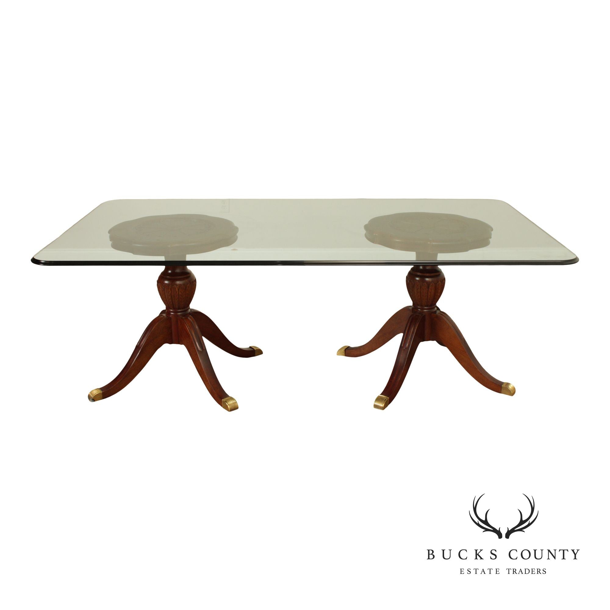 Georgian Style Mahogany Double Pedestal Glass Top Dining Table