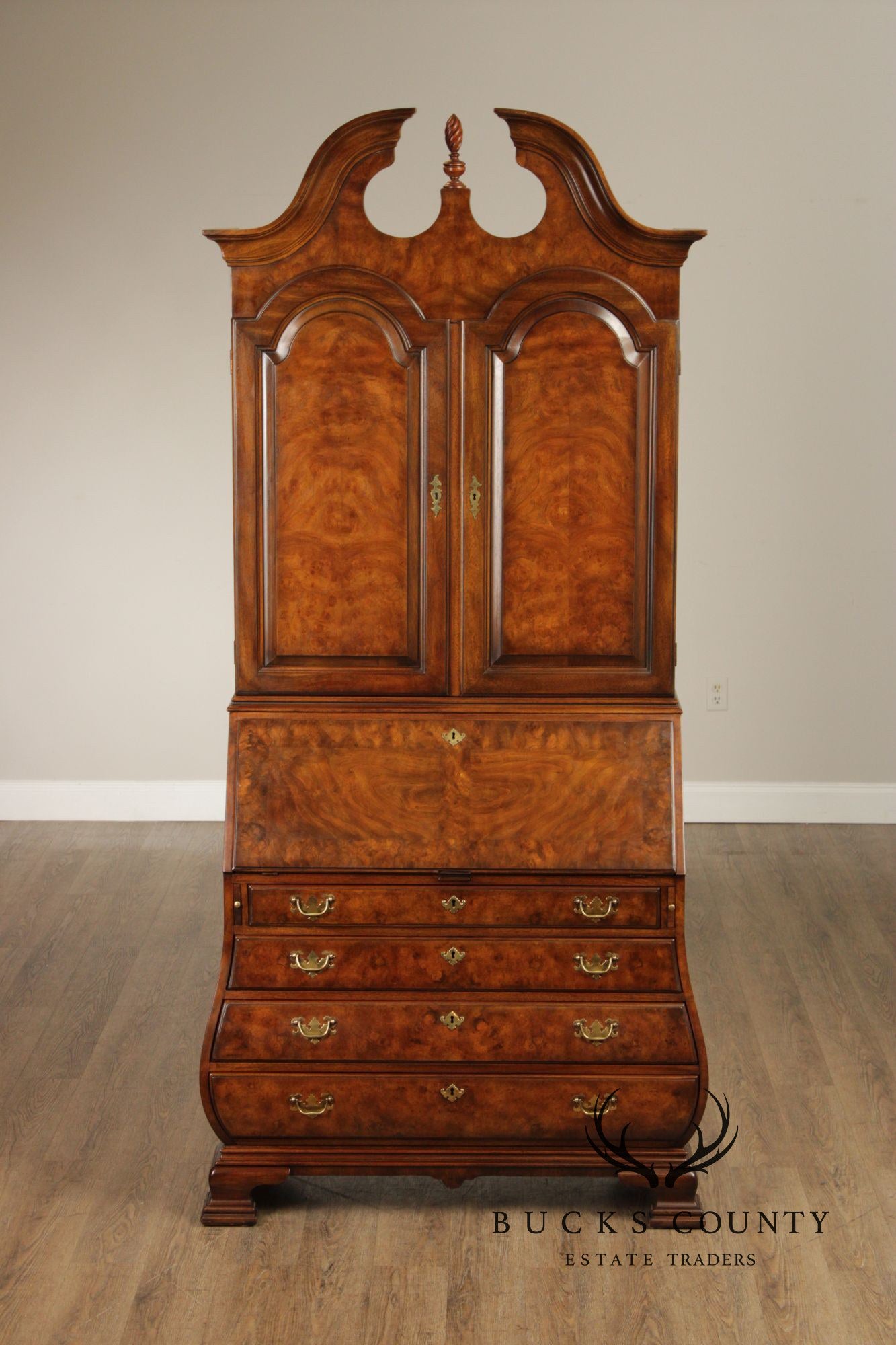Chippendale Style Burled Walnut Bombe Secretary Desk Bookcase By Heritage Heirloom