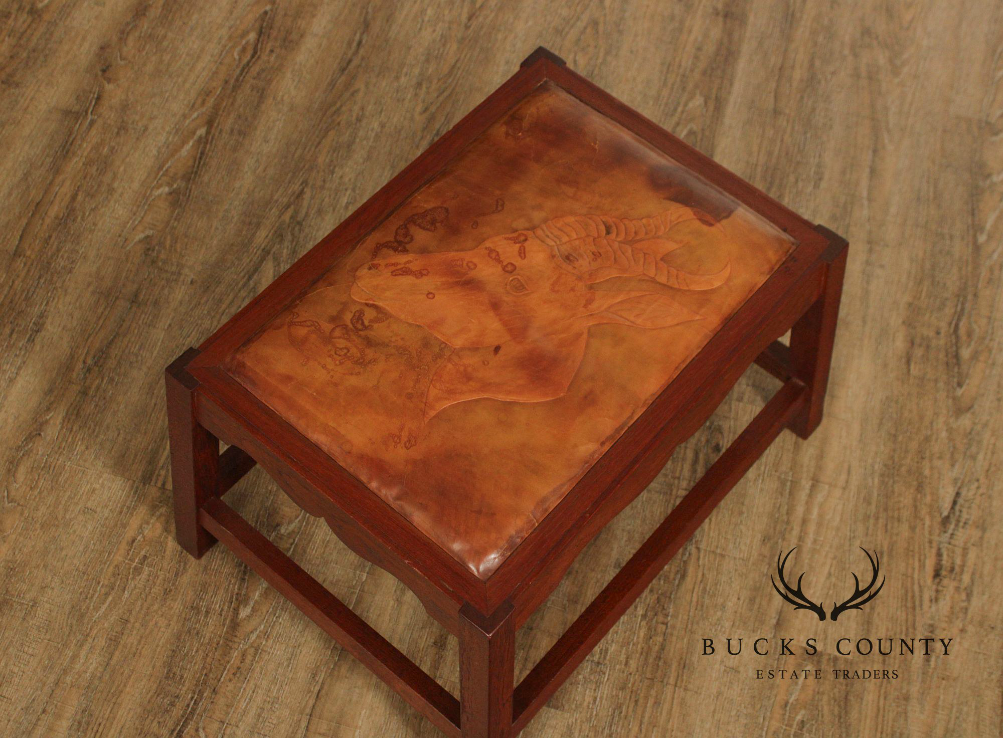 Arts & Crafts Leather Seat Oak Stool