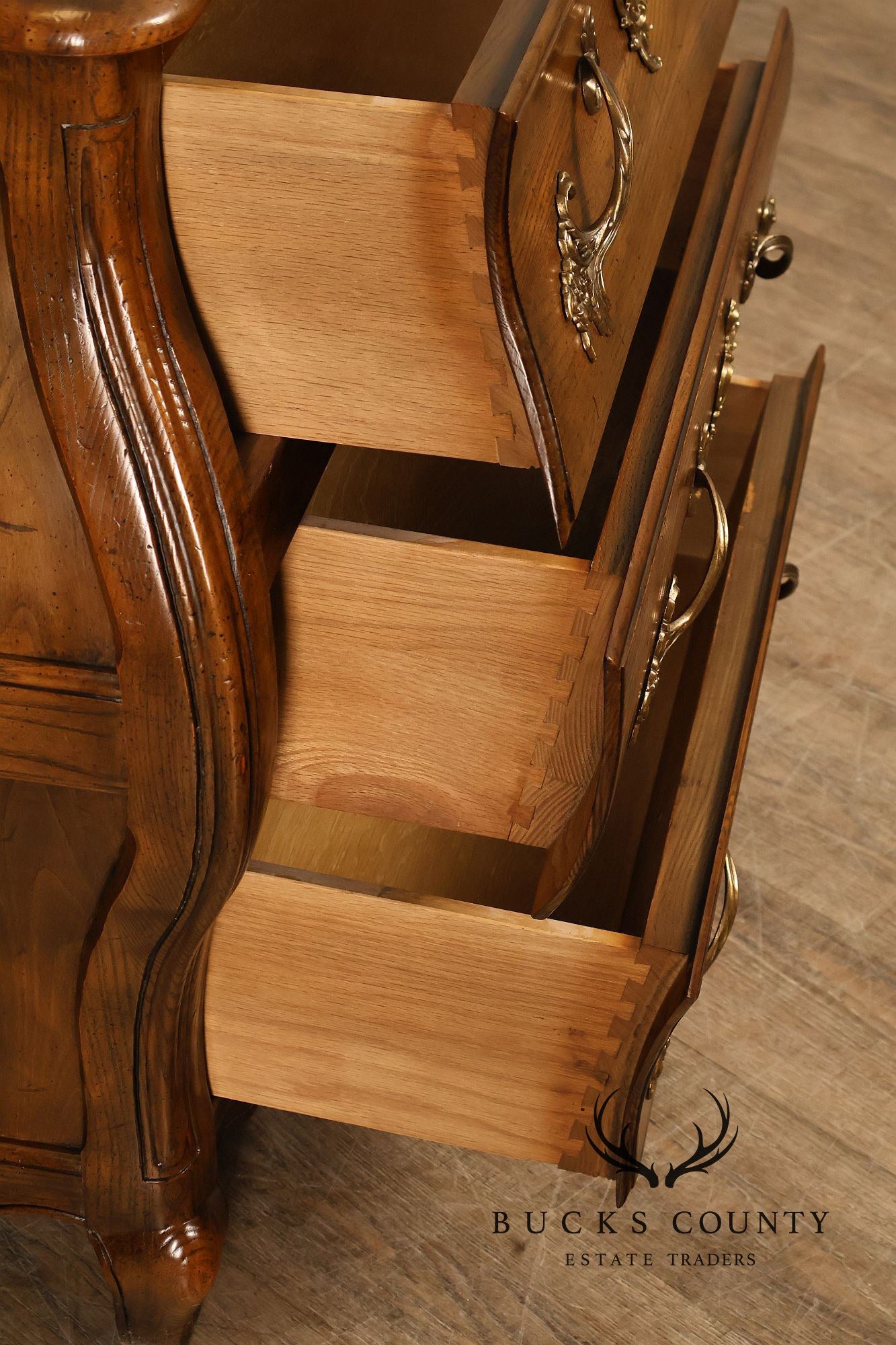 Baker Furniture French Provincial Carved Oak Bombay Chest Nightstands