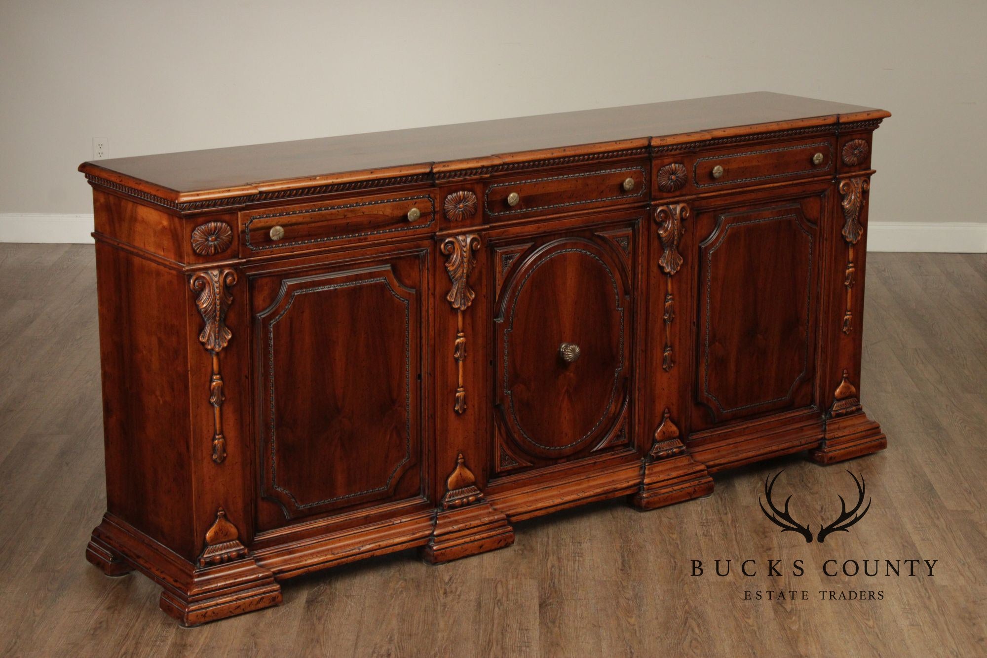 Francesco Molon XVI Century Style Large Walnut Carved Sideboard