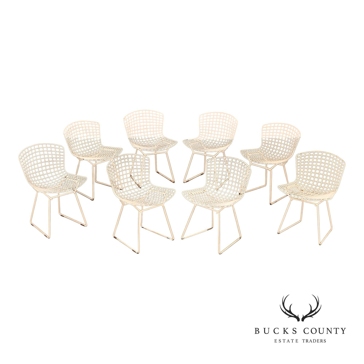 Vintage Mid Century Modern Set Of Eight Bertoia Style White Wire Dining Chairs