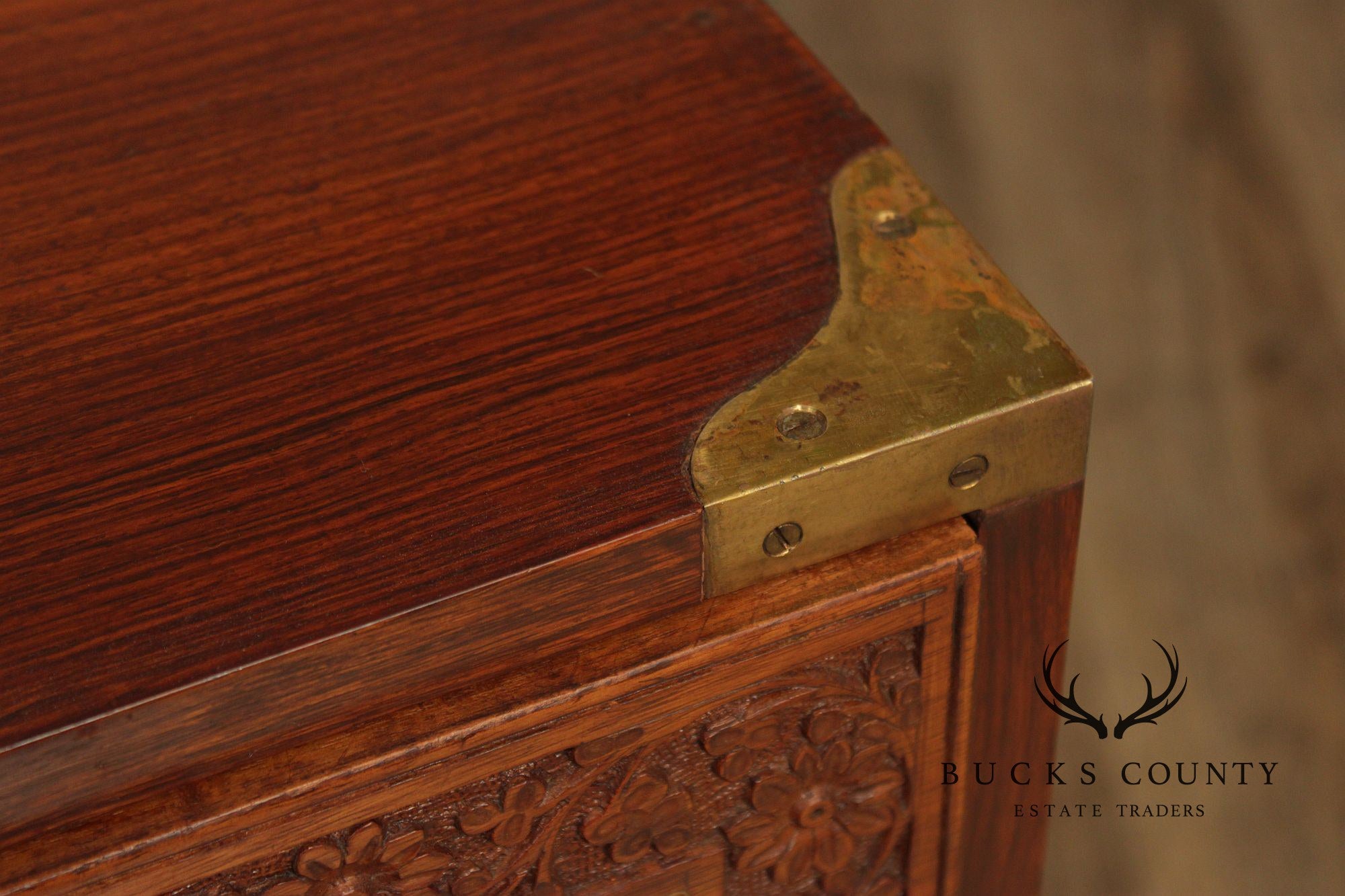 Brass Inlaid And Carved Teak Four Drawer Campaign Chest