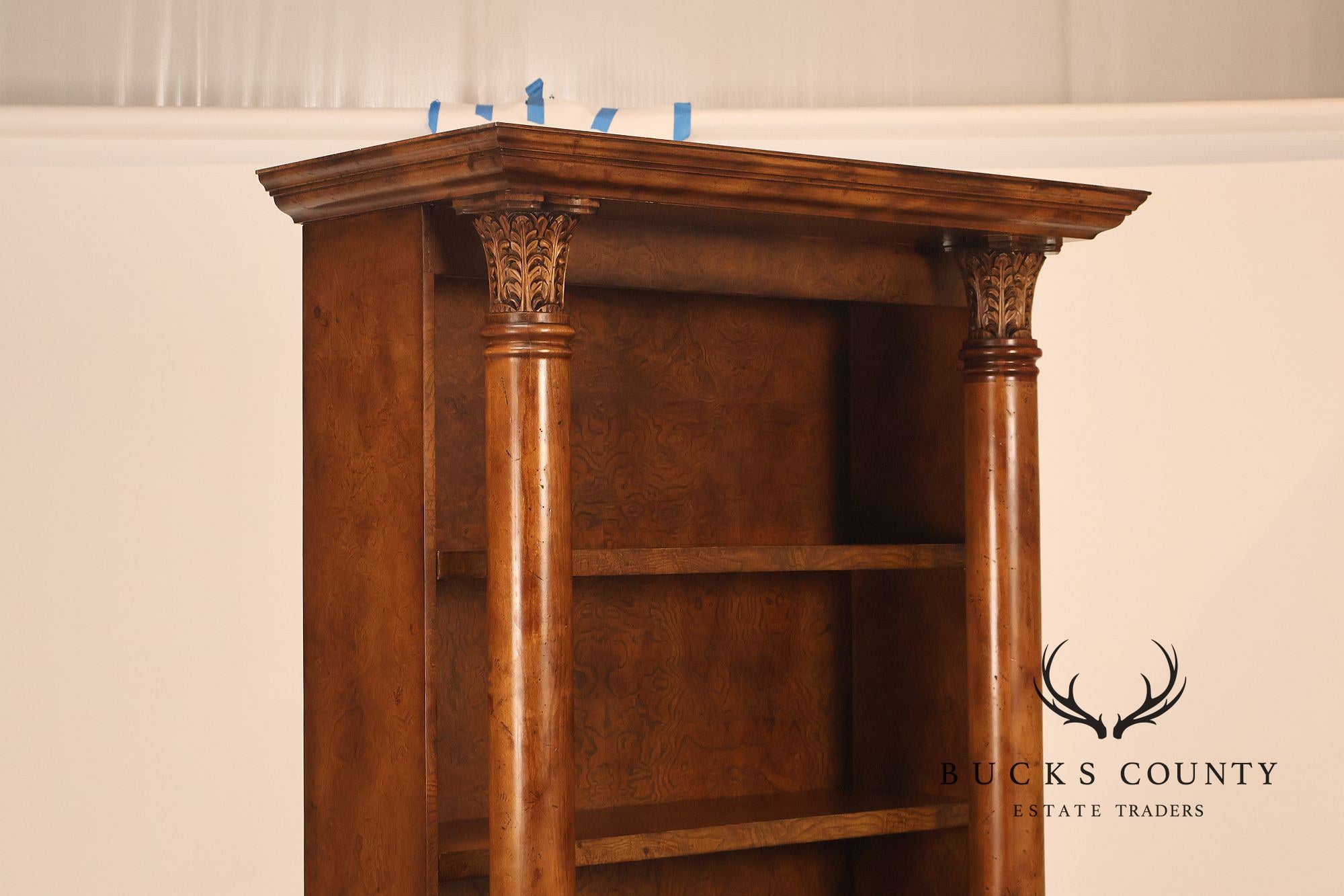 Large Classical Style Burl Wood Open Bookcase With Corinthian Columns