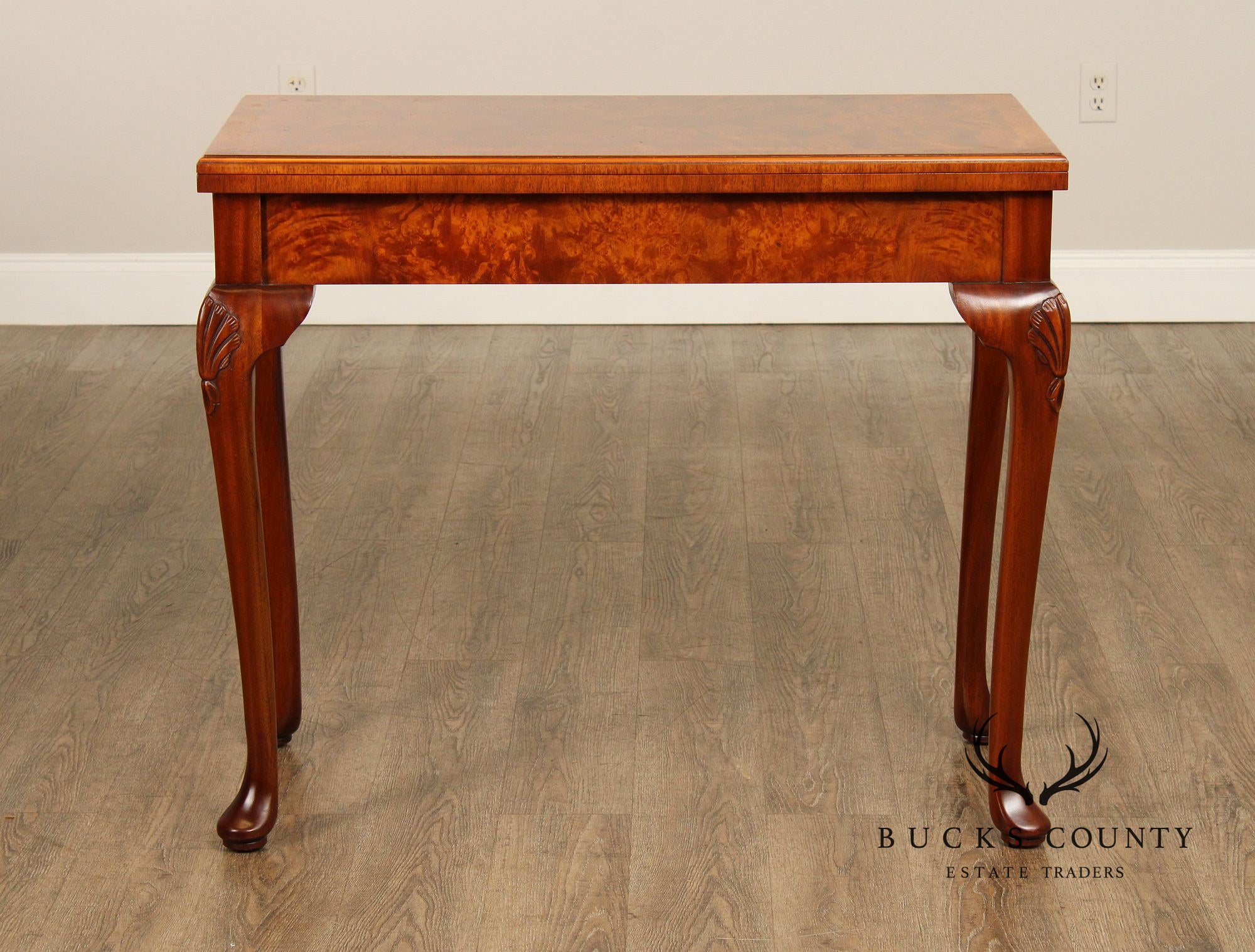 Queen Anne Style Burl Wood Leather Top Folding Games Table
