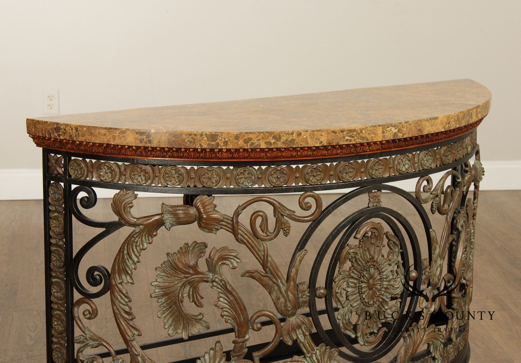 Maitland Smith Marble Top Demilune Wrought Iron Console Table