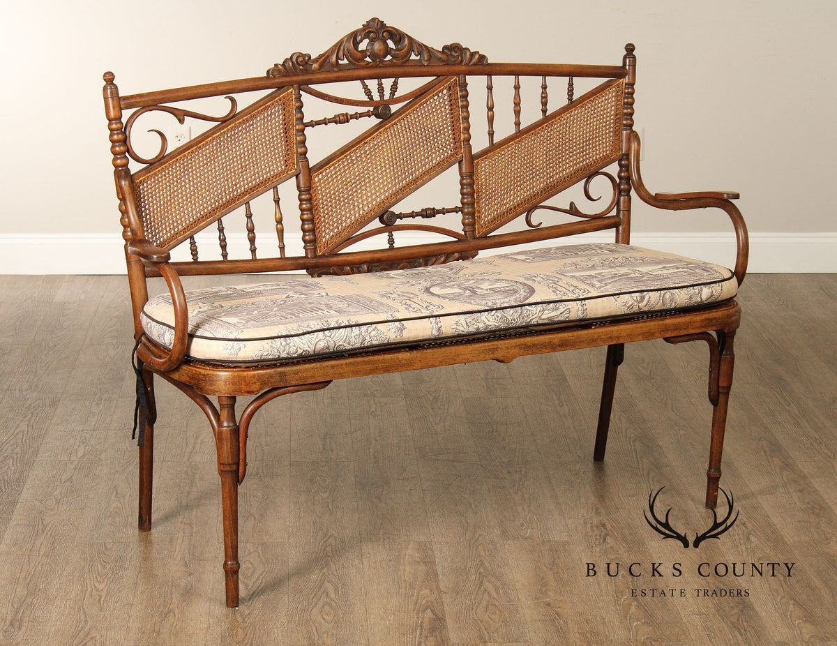 Vintage Thonet Style Bentwood And Caned Settee With Upholstered Cushion