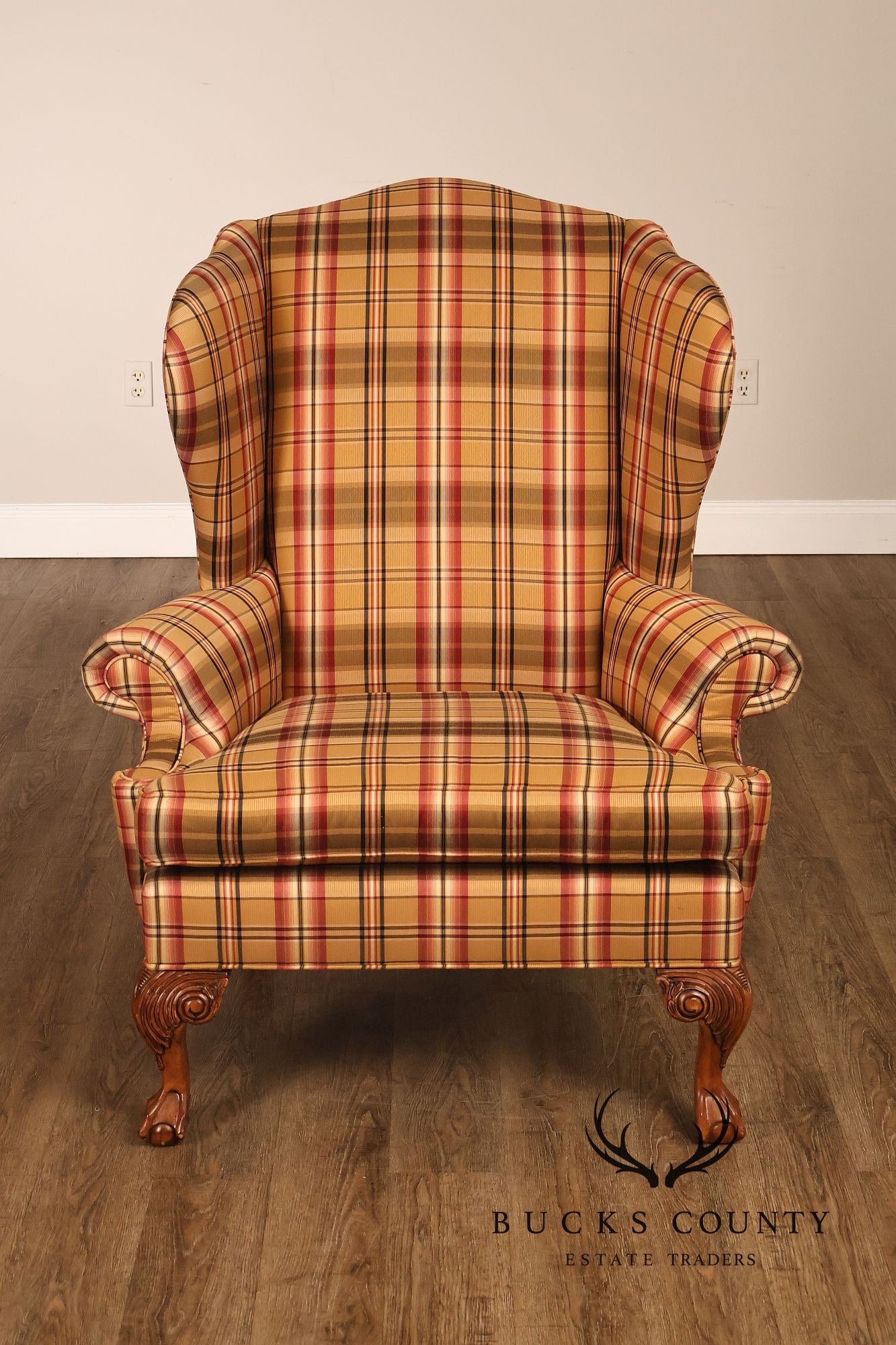 Ethan Allen Chippendale Style Plaid Upholstered Wing Chair