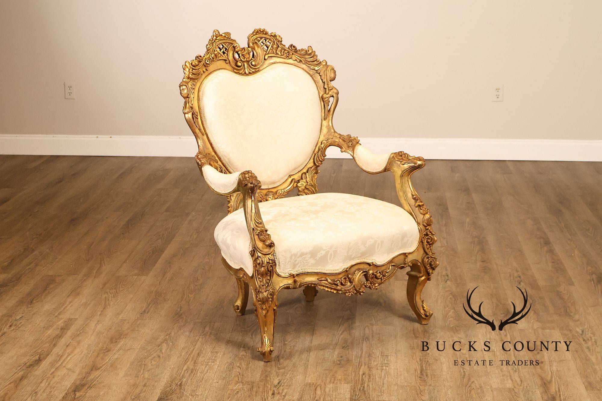 Italian Rococo Style Pair Of Carved Giltwood Upholstered Armchairs