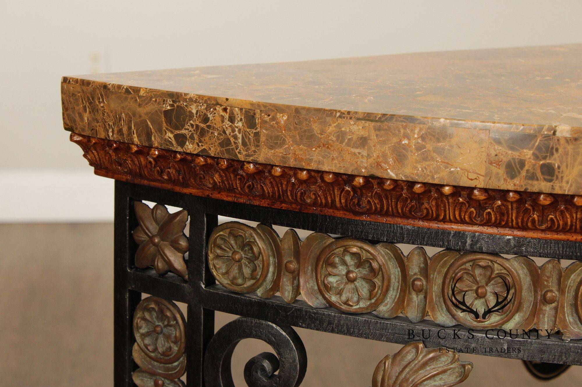 Maitland Smith Marble Top Demilune Wrought Iron Console Table