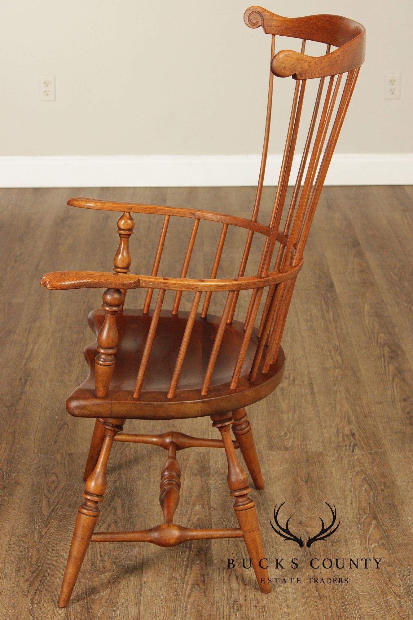 Quality Vintage Pair of Mixed Woods Windsor Armchairs
