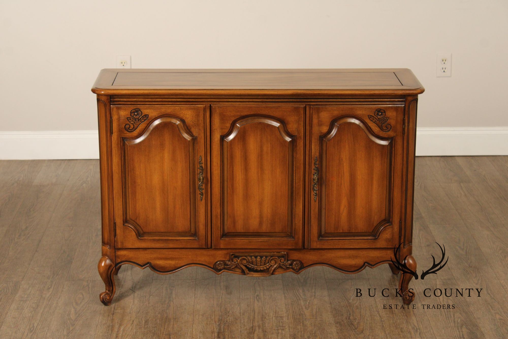 French Provincial Style Vintage Narrow Walnut Console Cabinet