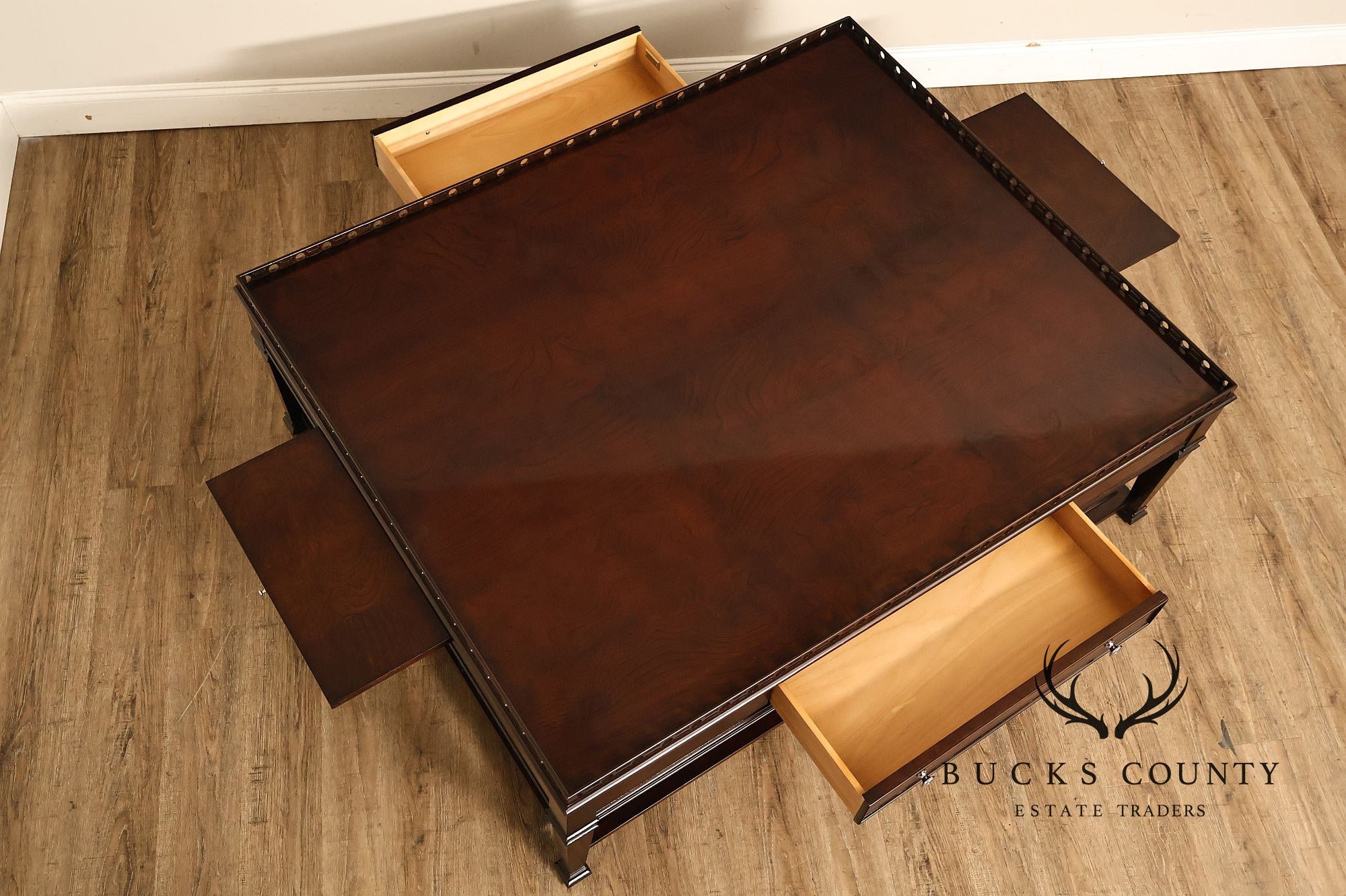 Century Furniture Large Mahogany Two Drawer Gallery Top Rectangular Cocktail Coffee Table