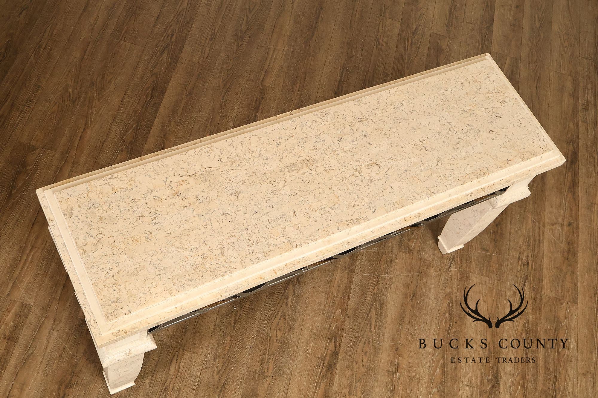 Neoclassical Style Travertine Console Table With Metal Stretcher