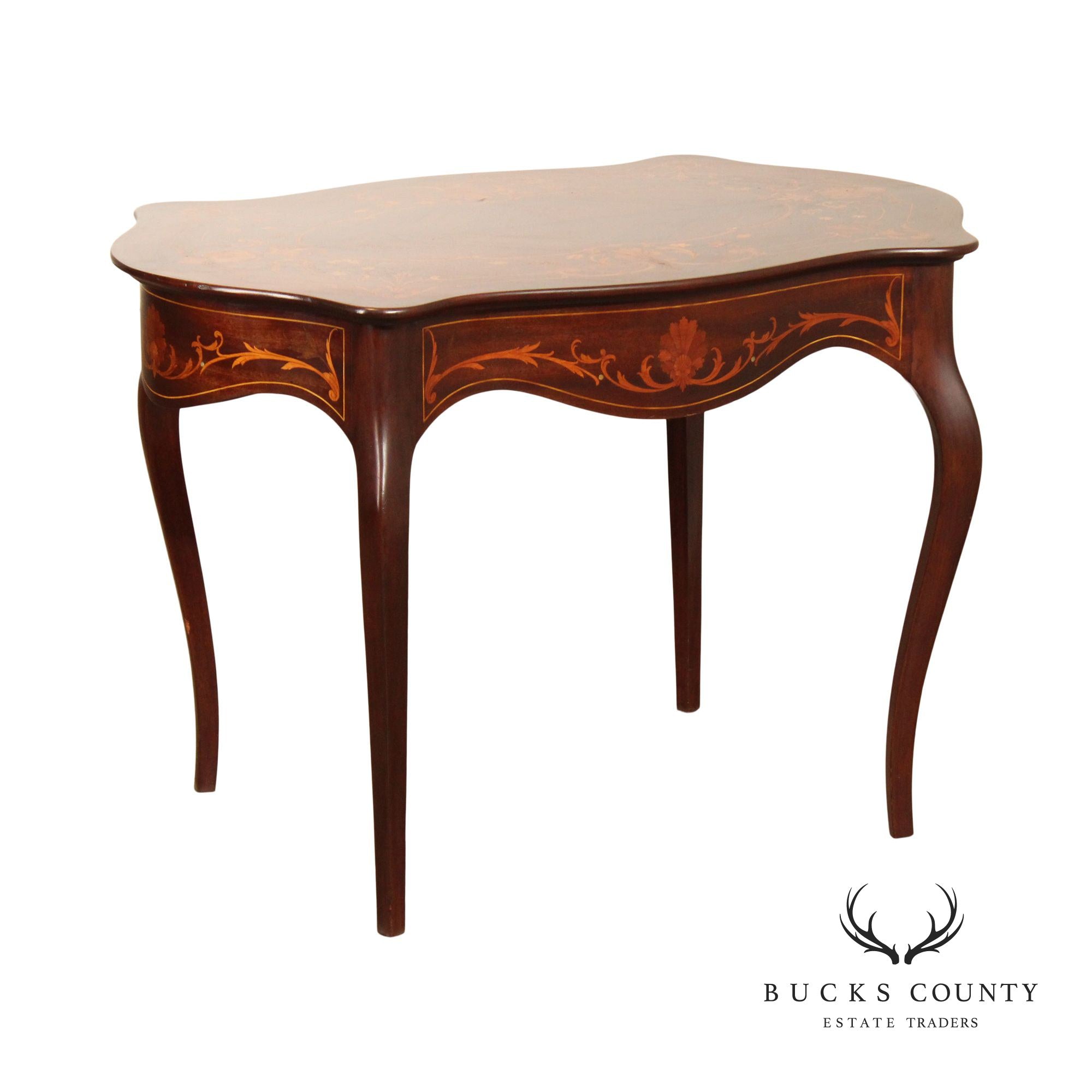 Antique Inlaid Mahogany Center Table With Floral Marquetry And Mother Of Pearl Accents