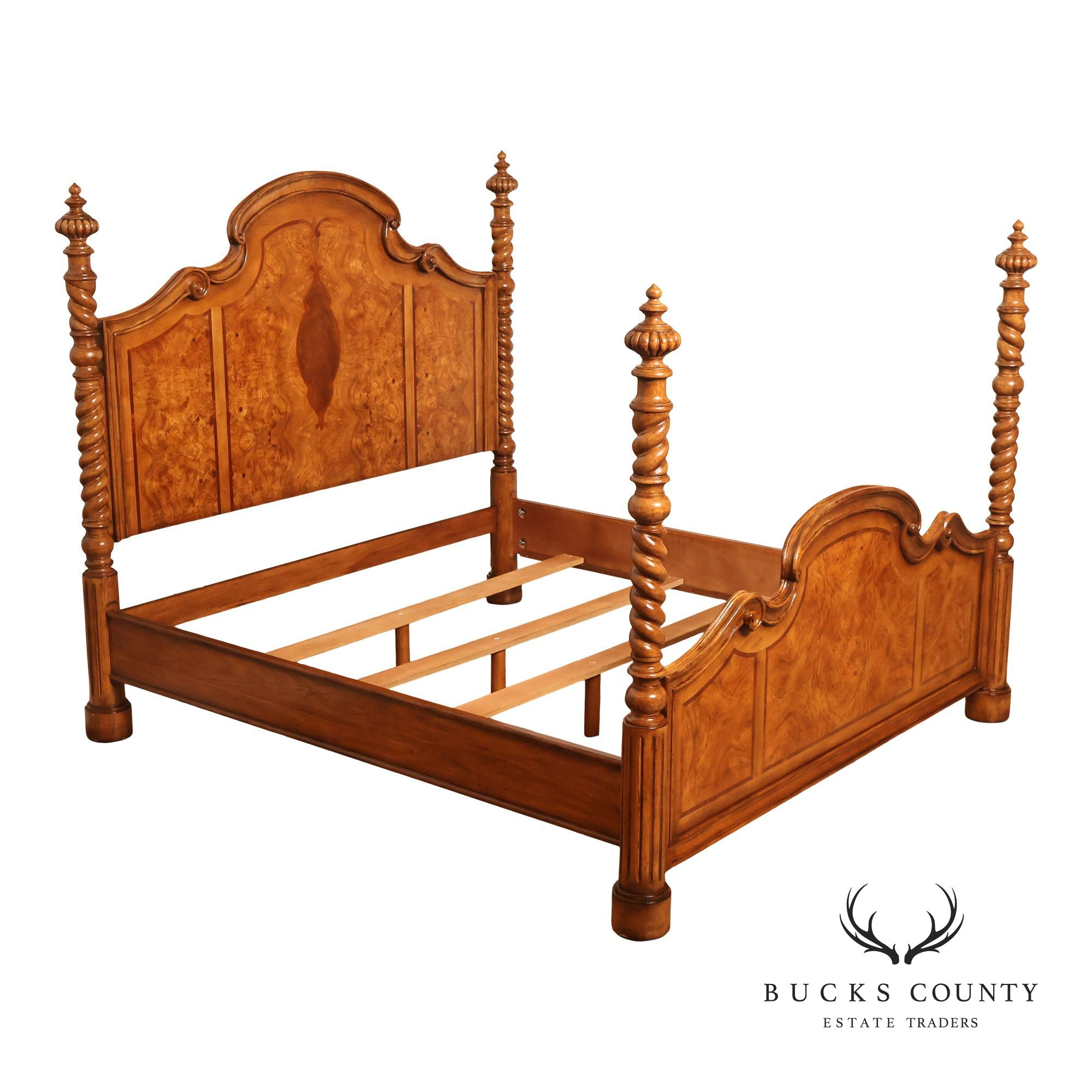 Drexel Heritage Venetian Collection Bookmatched Burl Wood King Four Poster Bed