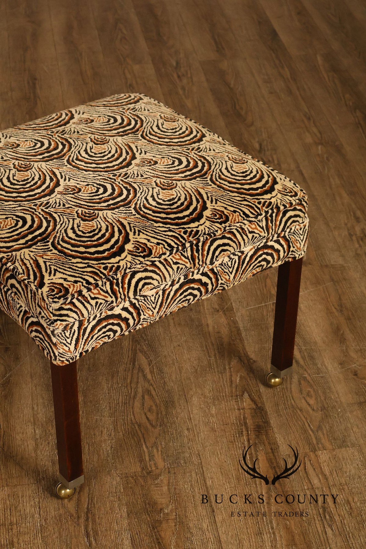 Postmodern Style Pair Of Square Upholstered Stools With Brass Casters