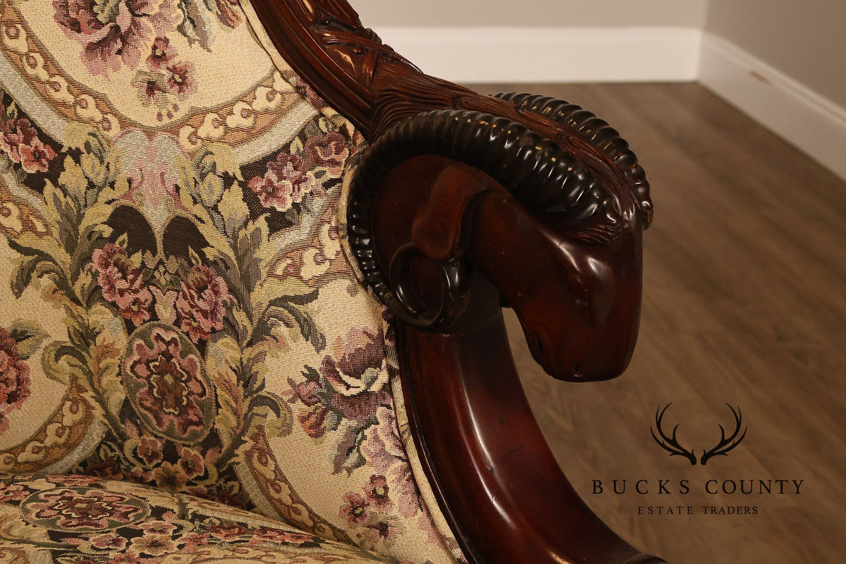 Pair Of Carved Mahogany Ram’s Head Upholstered Armchairs