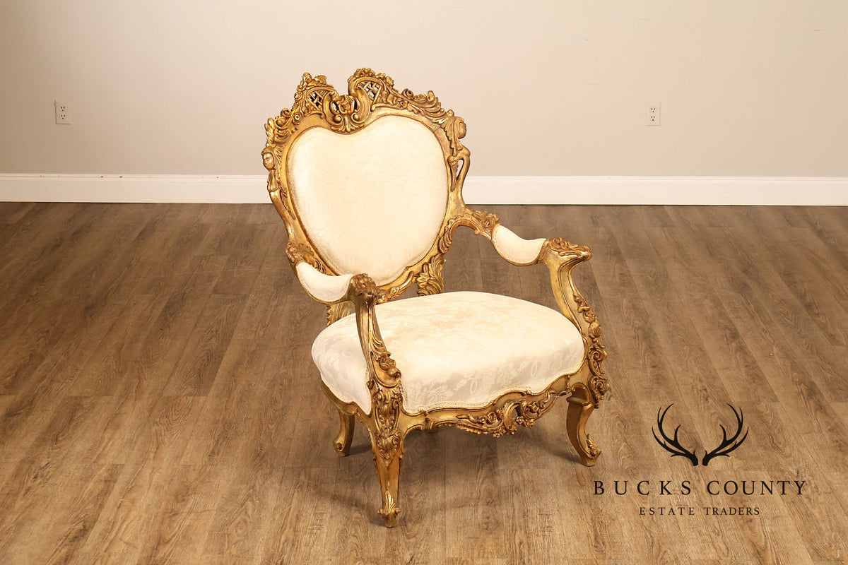 Italian Rococo Style Pair Of Carved Giltwood Upholstered Armchairs