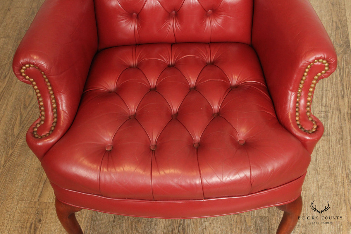Queen Anne Style Tufted Leather Wing Chair