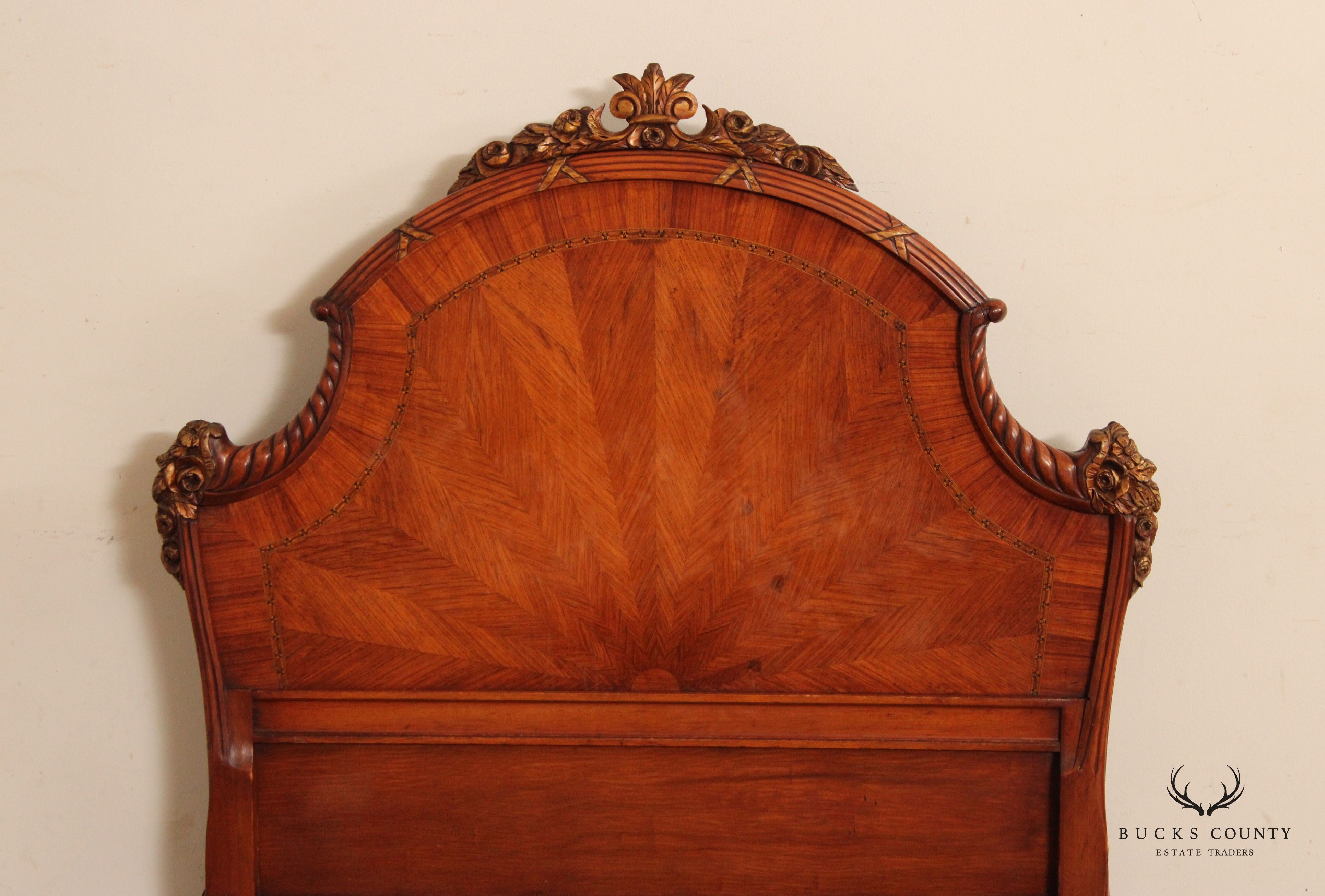 Antique French Rococo Style Peacock Carved Twin Size Bed Frame