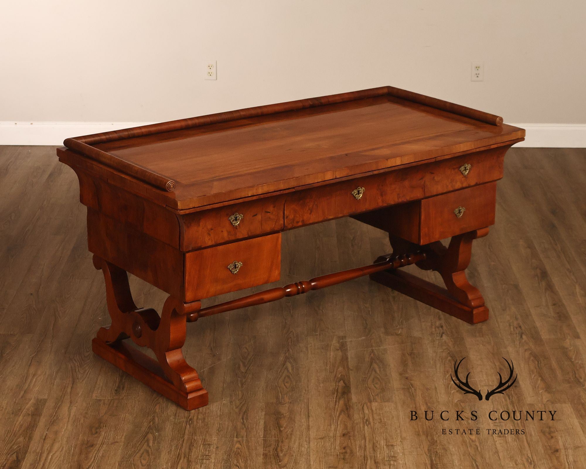 Antique 19th Century Biedermeier Walnut Five Drawer Writing Desk
