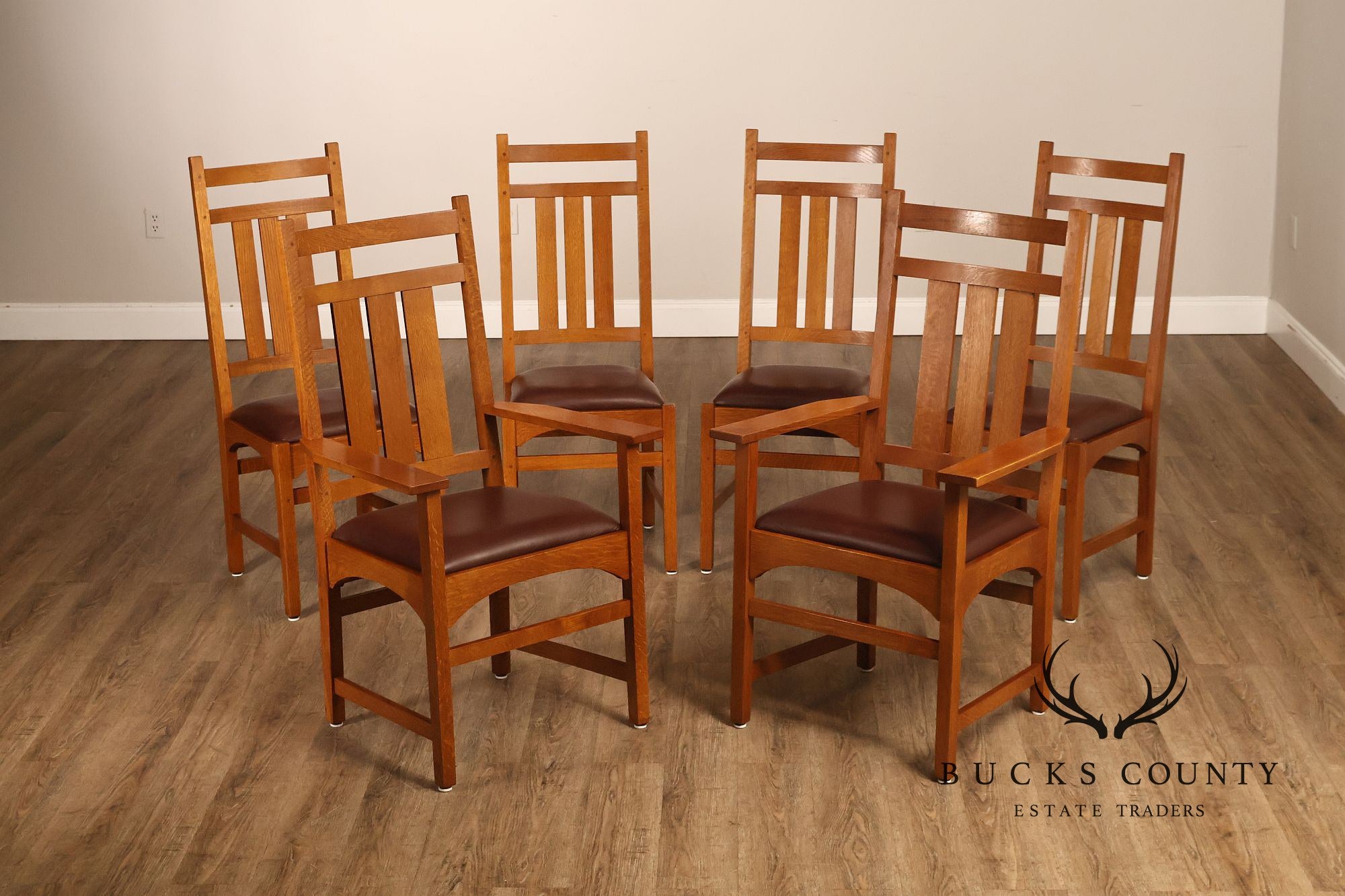 Stickley Mission Collection Set of Six Harvey Ellis Oak Dining Chairs