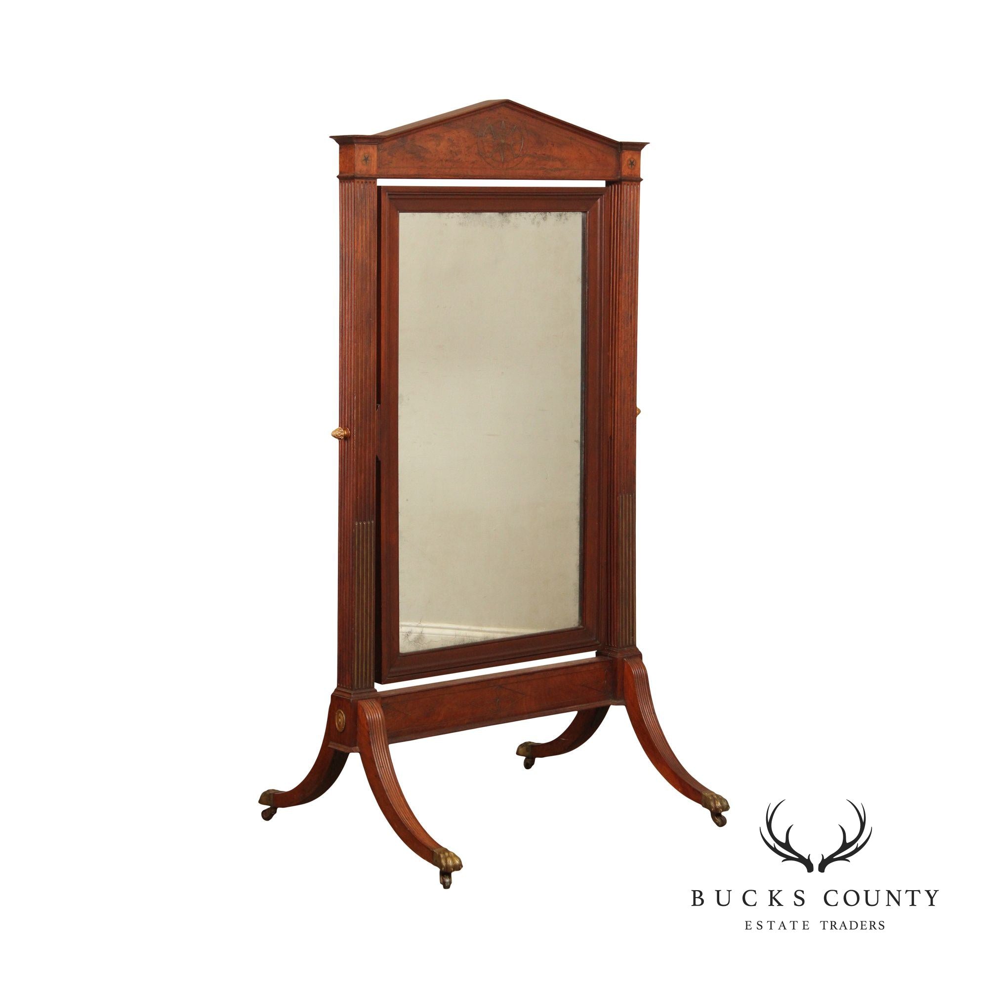 Antique 19th Century Empire Style Mahogany Cheval Mirror On Brass Paw Feet