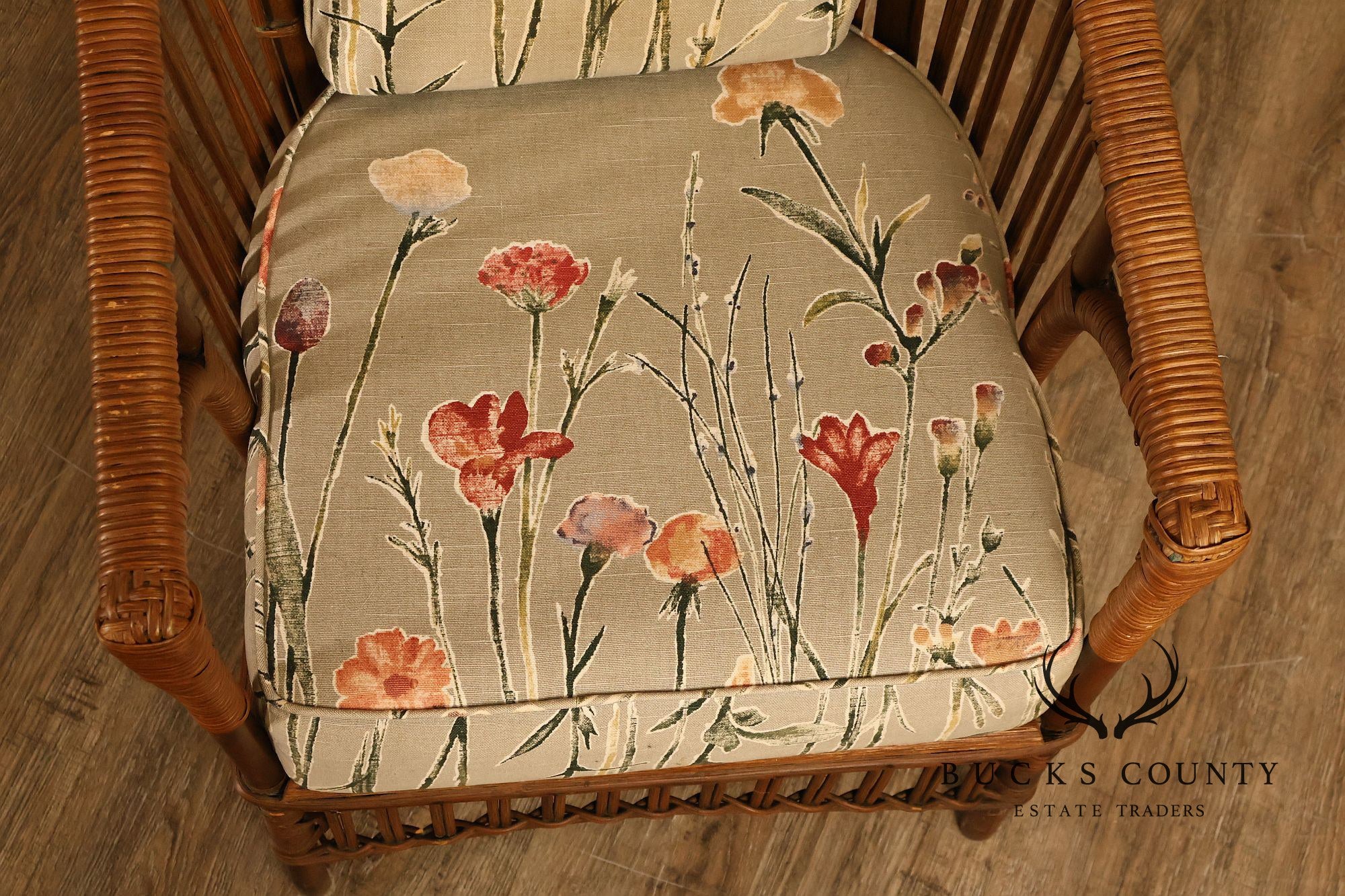 Antique Set Of Four Split Reed Rattan Armchairs With Floral Cushions