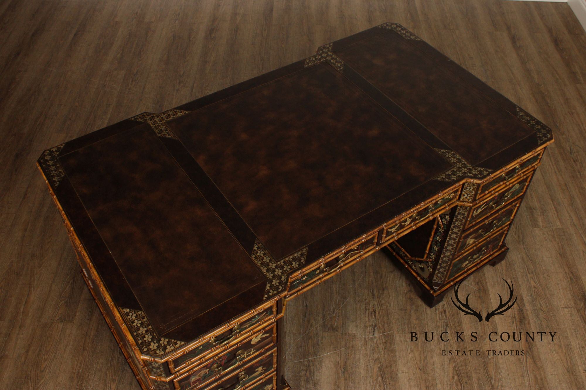John Widdicomb Chinoiserie Leather Top Executive Partner's Desk
